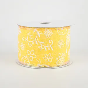 2.5" Iridescent Flowers & Bugs Linen Ribbon: Yellow (10 Yards)