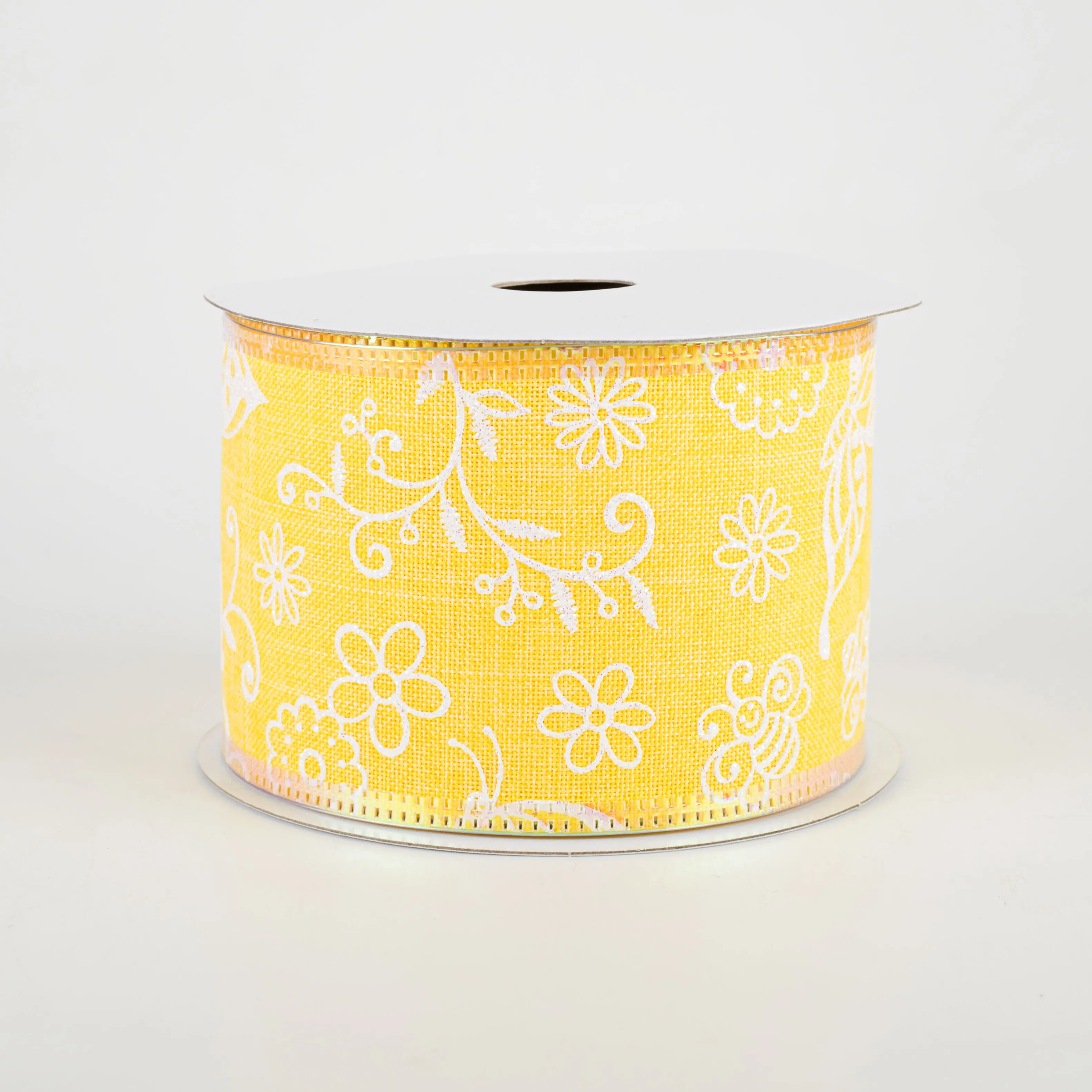 2.5" Iridescent Flowers & Bugs Linen Ribbon: Yellow (10 Yards)