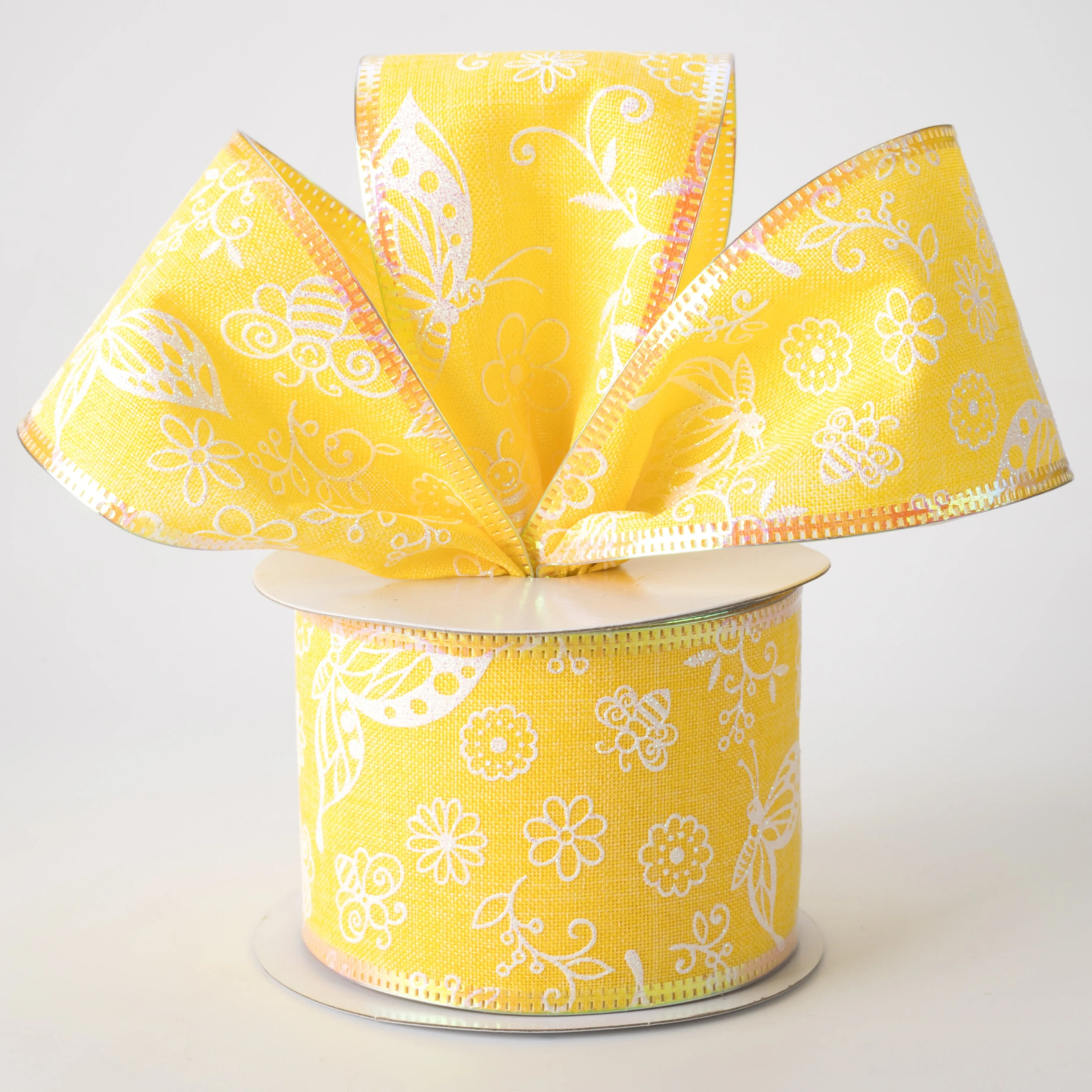 2.5" Iridescent Flowers & Bugs Linen Ribbon: Yellow (10 Yards)