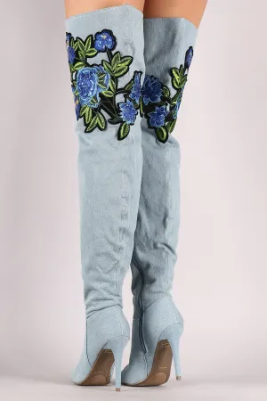 Anne Michelle Floral Patch Over-The-Knee Denim Stiletto Boots