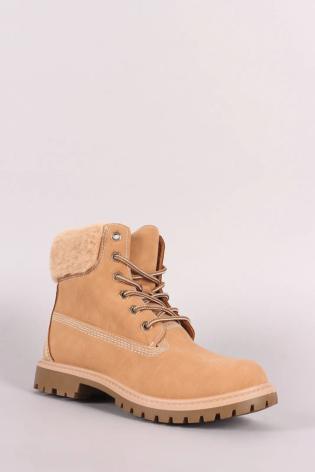 Bamboo Faux Fur Cuff Lace Up Ankle Boots