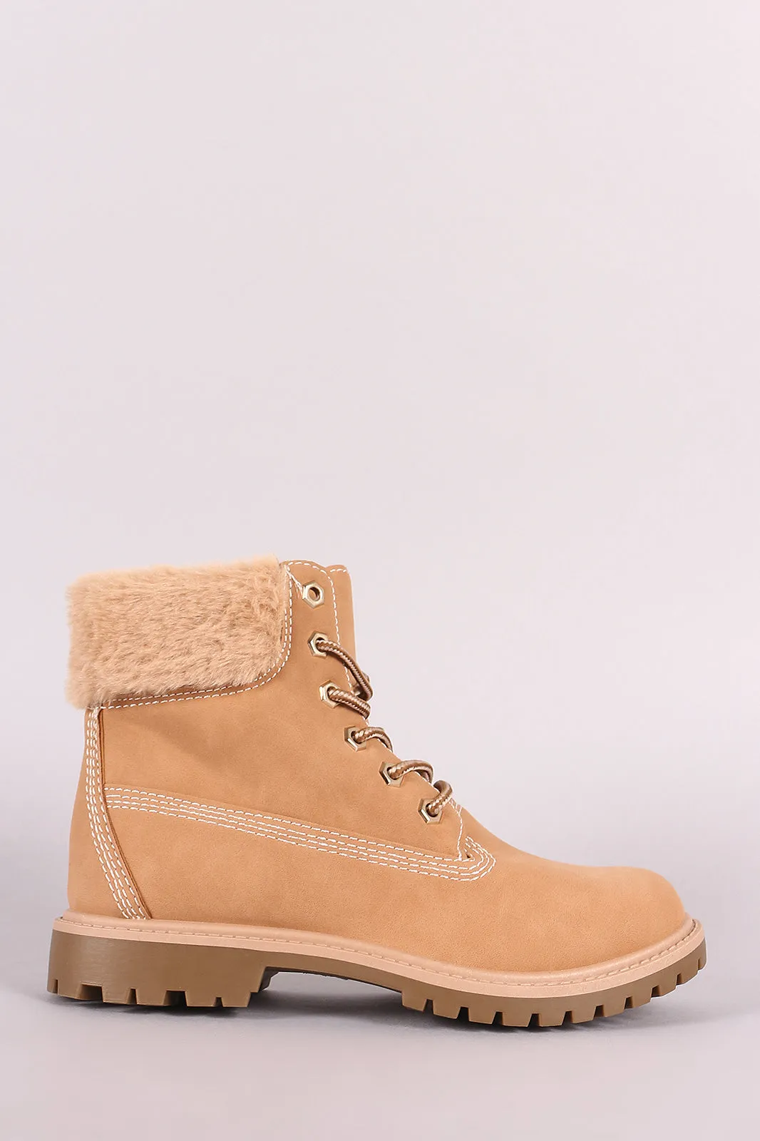 Bamboo Faux Fur Cuff Lace Up Ankle Boots