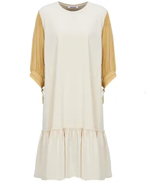 Beige Pleated Sleeve Shirt Dress
