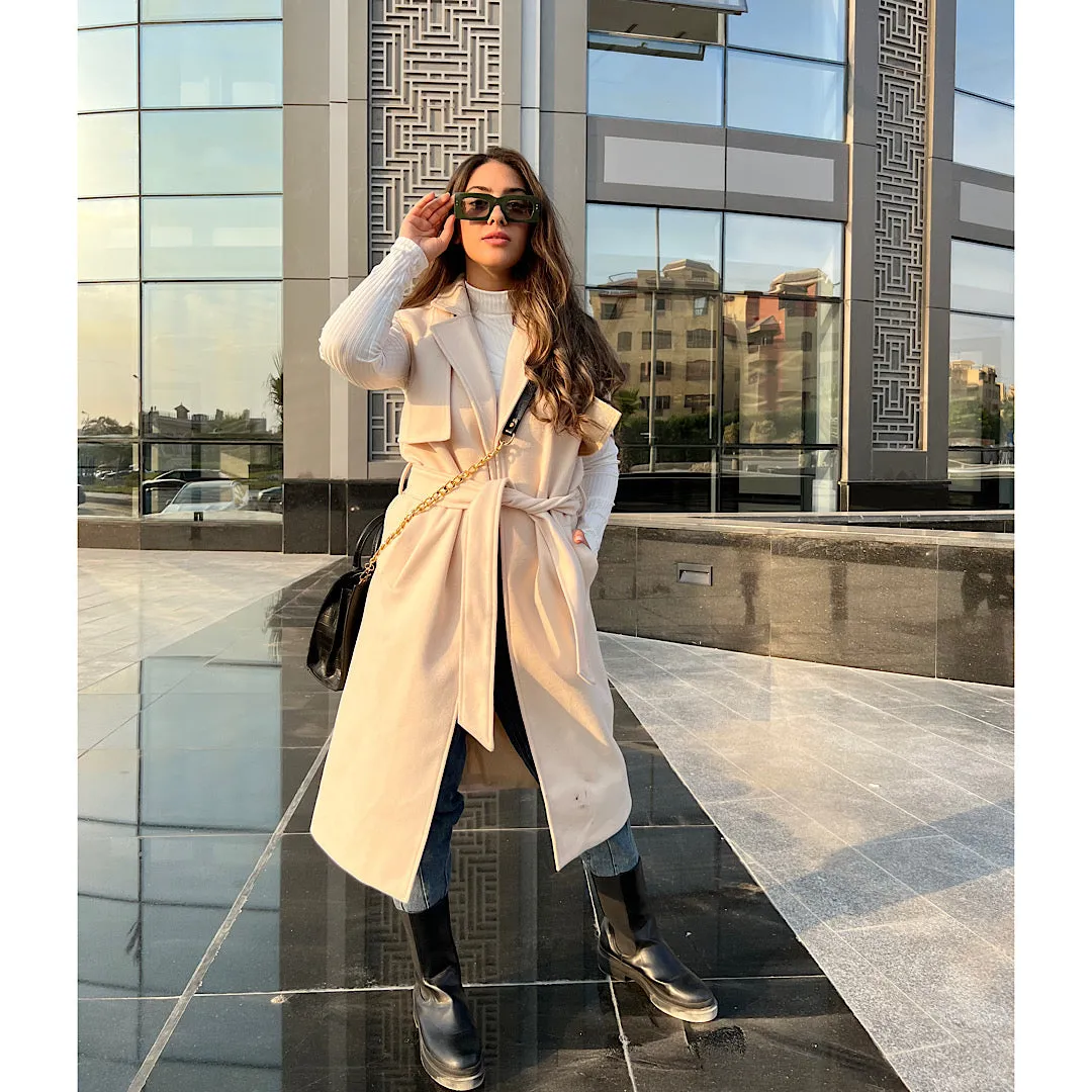 Beige wool sleeveless trench jacket