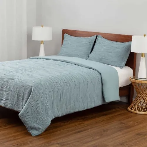 Berkshire Life Pleated Wave 3-piece Blue Comforter Set - Queen