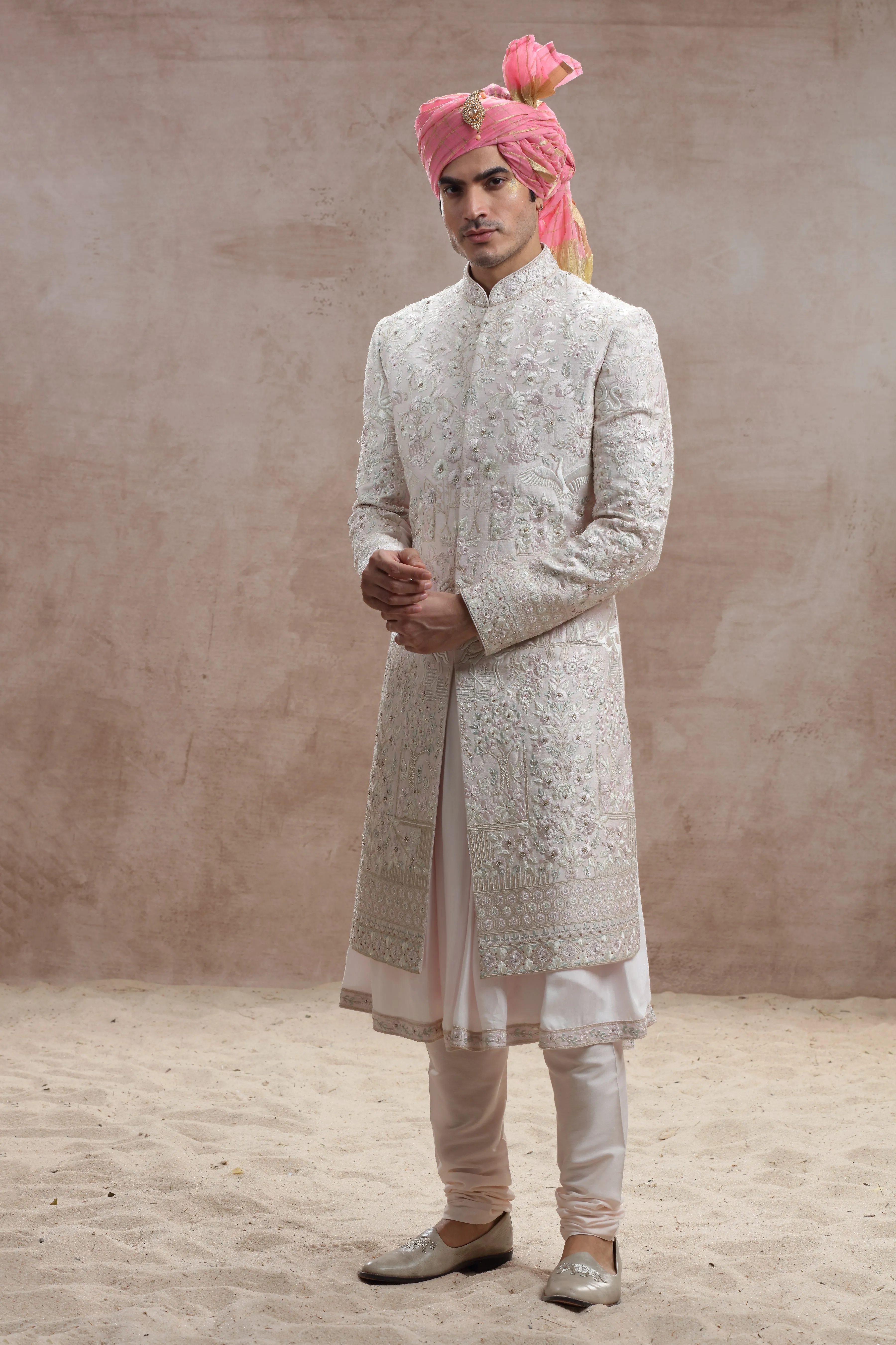Blush Pink Silk Sherwani with Floral Motif Thread Work