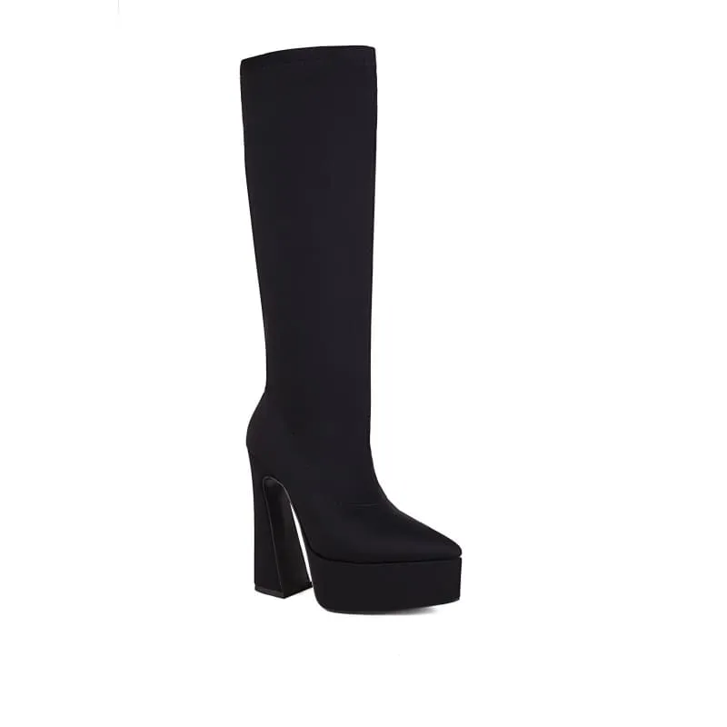 Bright Purple Unisex Knee High Platform Heel Pointed Boots in Satin Style