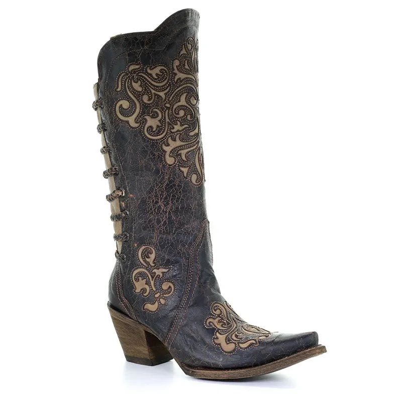 Corral Women's A3107 Black Bone Inlay Back Straps Cowboy Boot ON SALE!