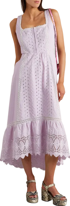 LoveShackFancy Lavender Alwyn crochet-trimmed broderie anglaise cotton-poplin midi dress UK XXS