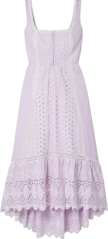 LoveShackFancy Lavender Alwyn crochet-trimmed broderie anglaise cotton-poplin midi dress UK XXS