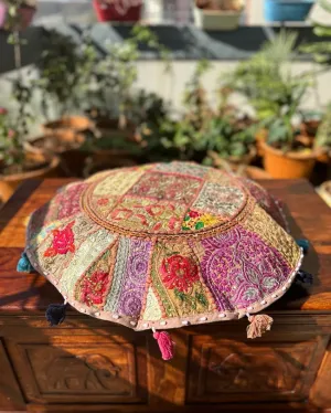 ONLY CHAIR PAD COVER | Elegant Beige Patchwork Pouf Cover | 24 inches