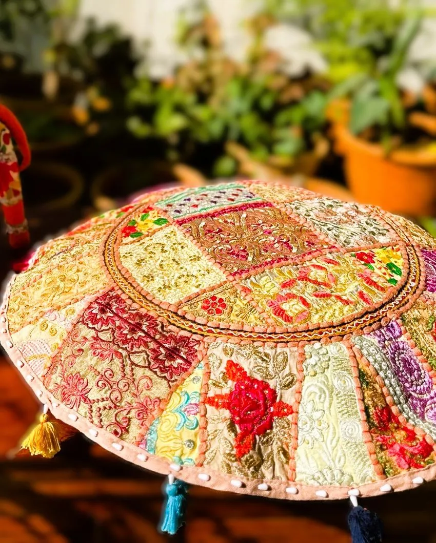 ONLY CHAIR PAD COVER | Elegant Beige Patchwork Pouf Cover | 24 inches