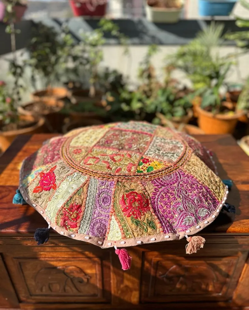 ONLY CHAIR PAD COVER | Elegant Beige Patchwork Pouf Cover | 24 inches