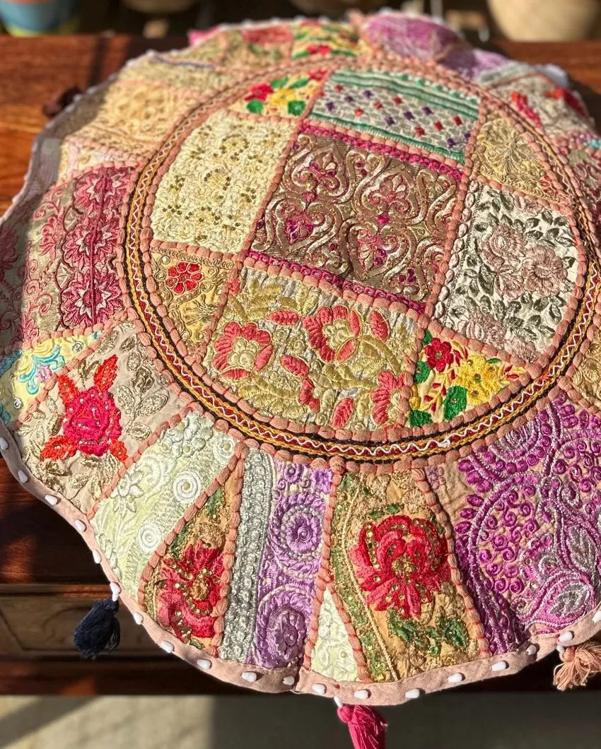 ONLY CHAIR PAD COVER | Elegant Beige Patchwork Pouf Cover | 24 inches