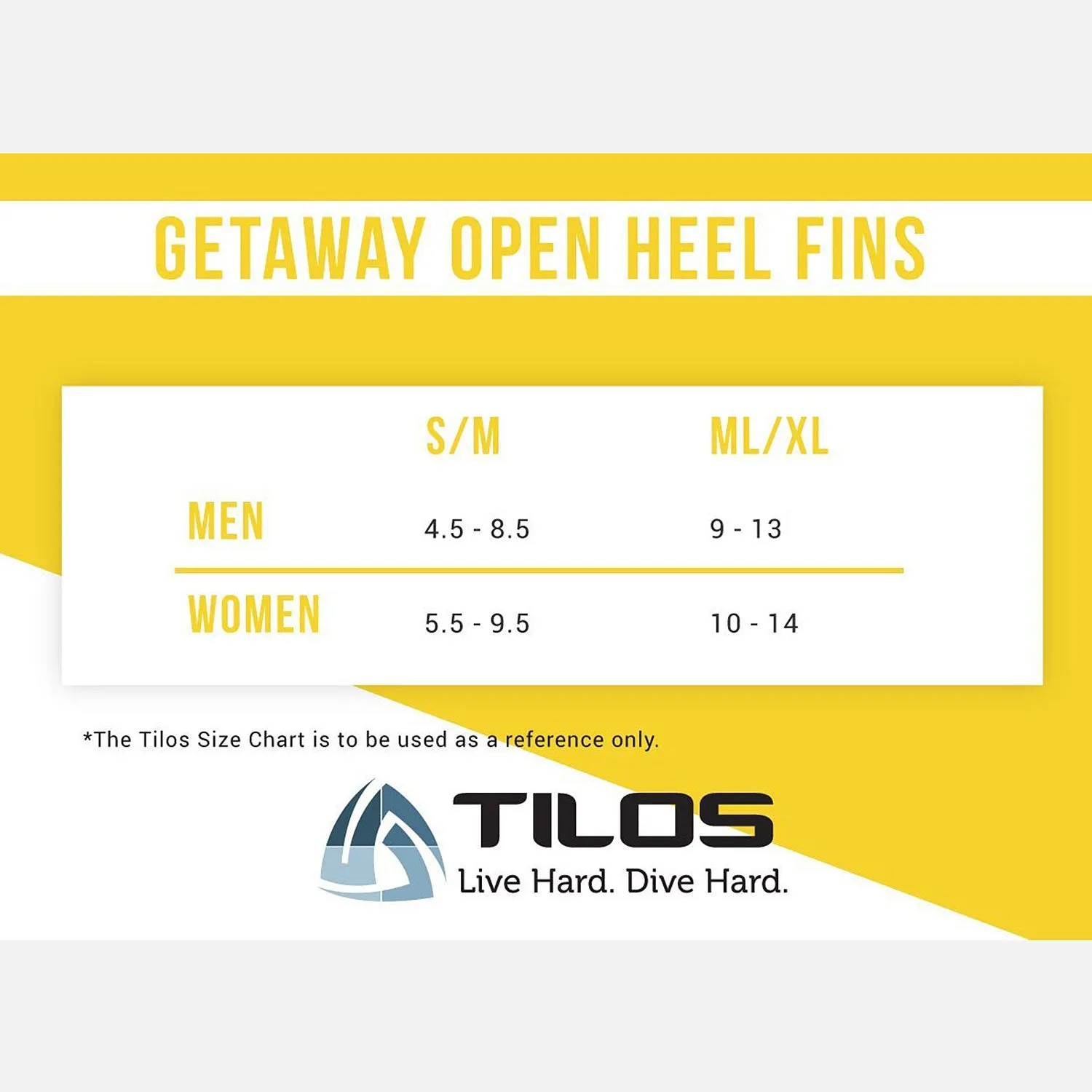 Open Box Tilos Getaway Open Heel Fins-Yellow-MDXLG 9-13