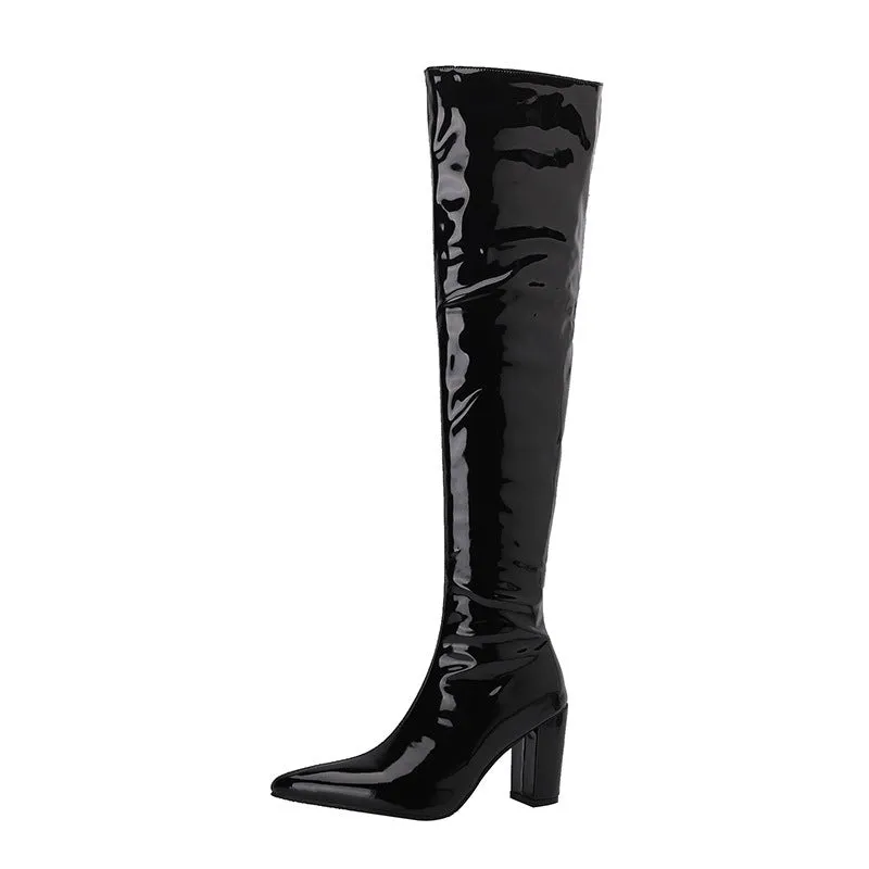 Over the Knee Pu Leather Square High Heel Boots