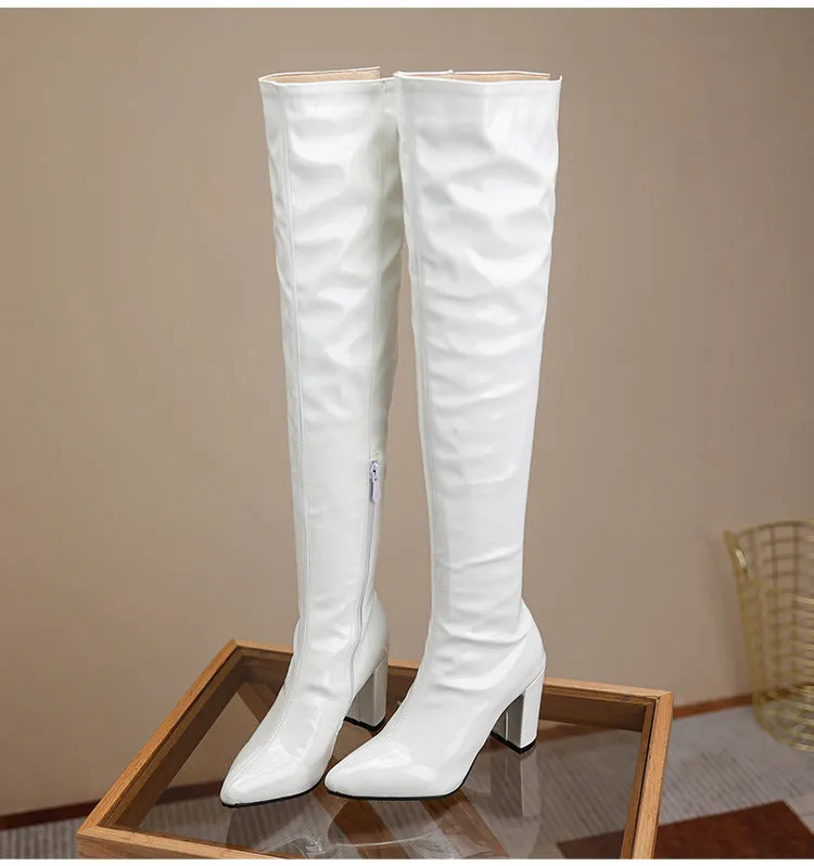 Over the Knee Pu Leather Square High Heel Boots