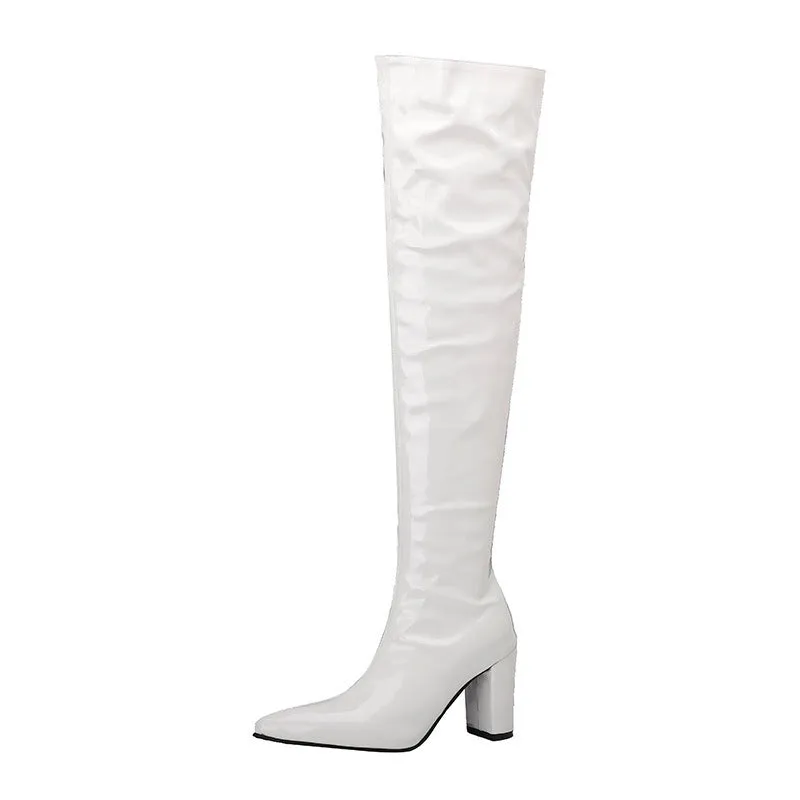Over the Knee Pu Leather Square High Heel Boots