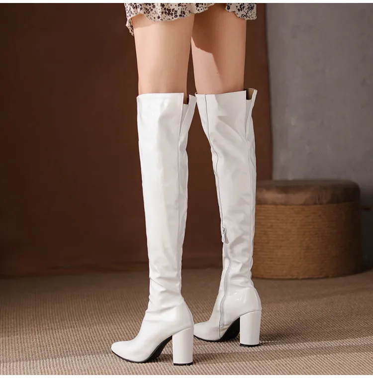 Over the Knee Pu Leather Square High Heel Boots