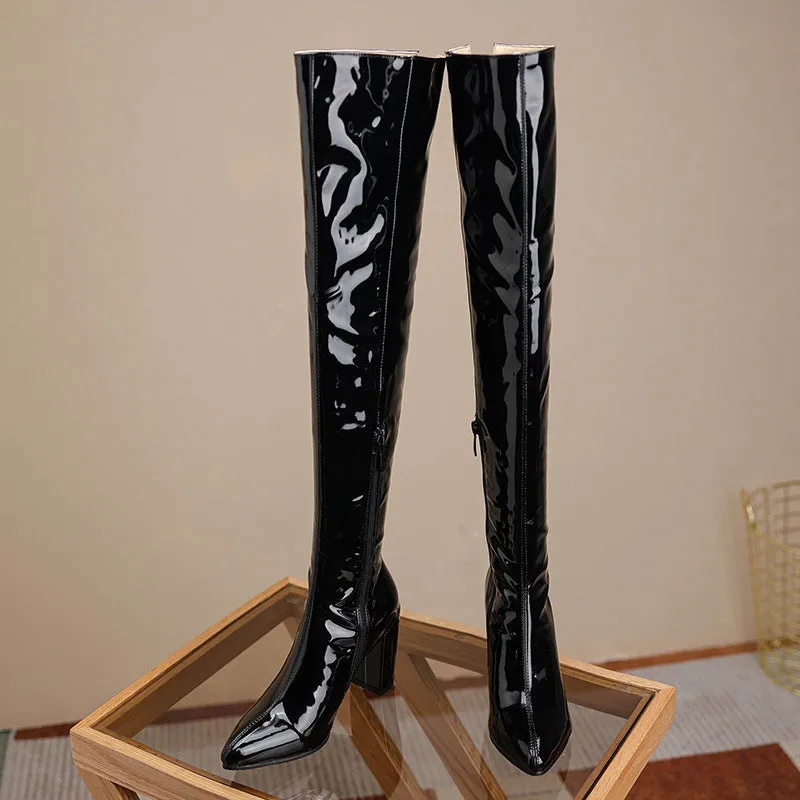 Over the Knee Pu Leather Square High Heel Boots