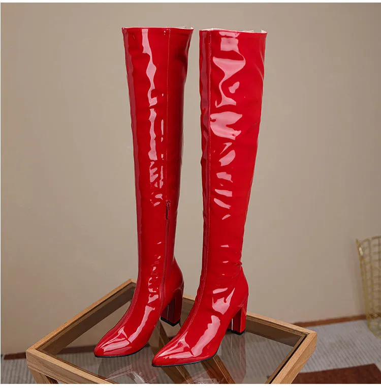 Over the Knee Pu Leather Square High Heel Boots