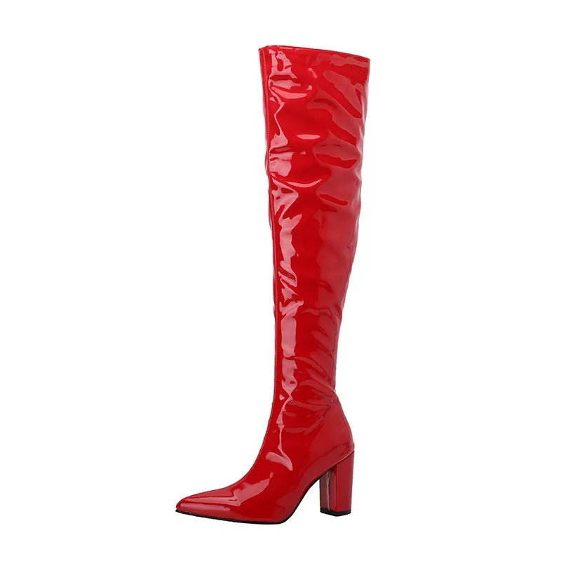 Over the Knee Pu Leather Square High Heel Boots