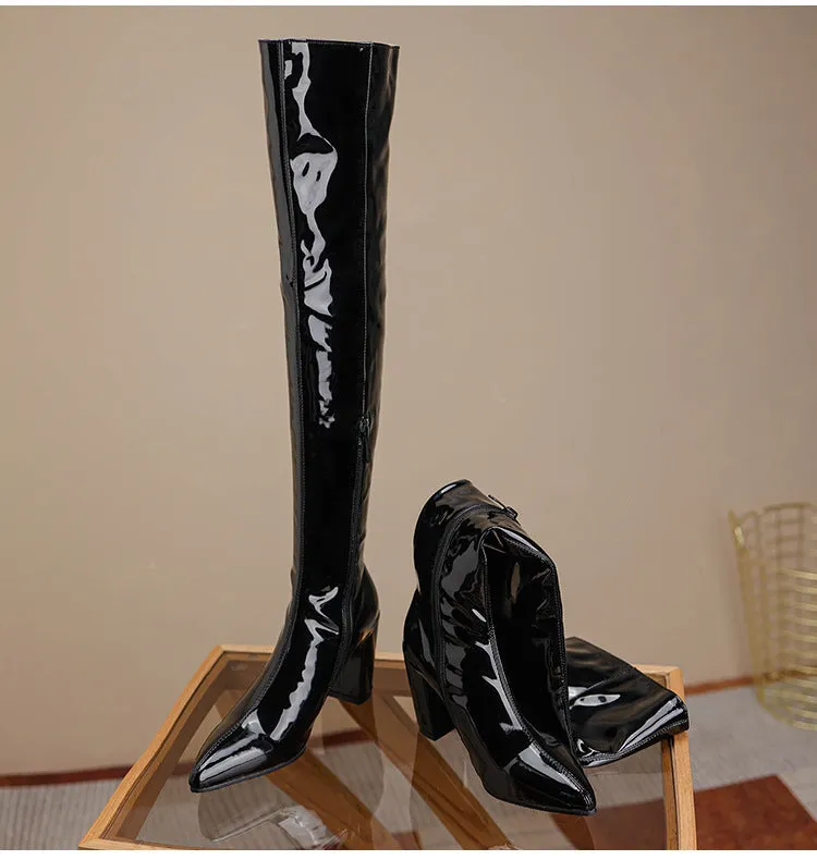 Over the Knee Pu Leather Square High Heel Boots