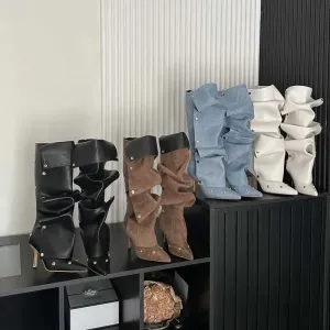 Rivet Button Pleated Knee-High Boots
