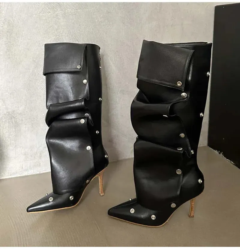 Rivet Button Pleated Knee-High Boots