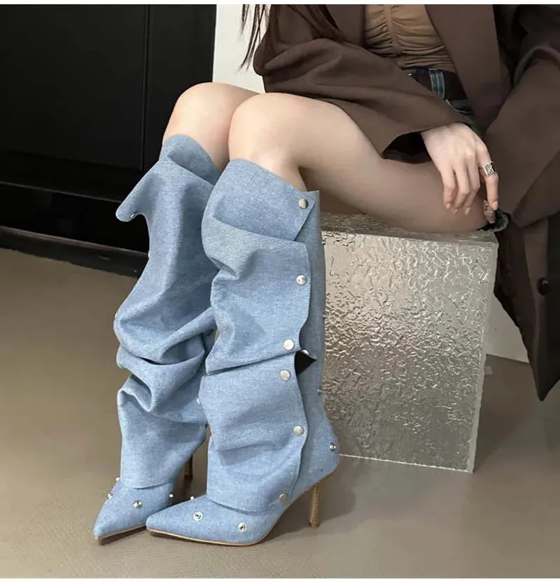 Rivet Button Pleated Knee-High Boots