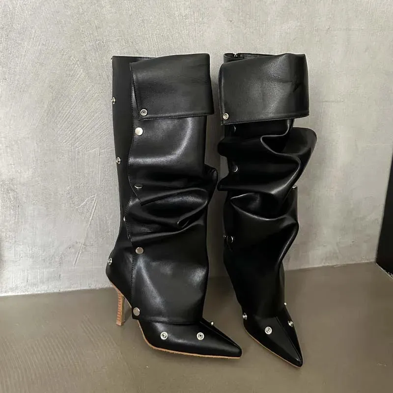 Rivet Button Pleated Knee-High Boots
