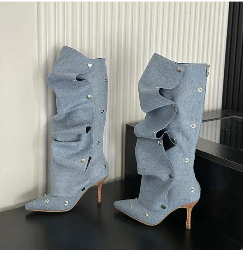 Rivet Button Pleated Knee-High Boots
