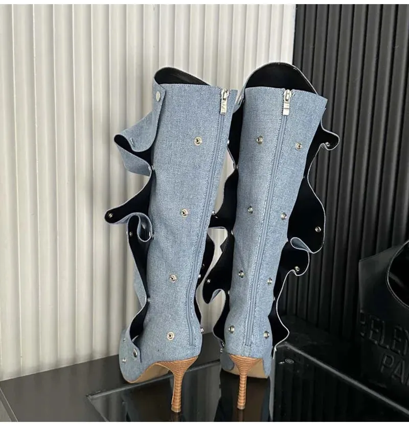 Rivet Button Pleated Knee-High Boots