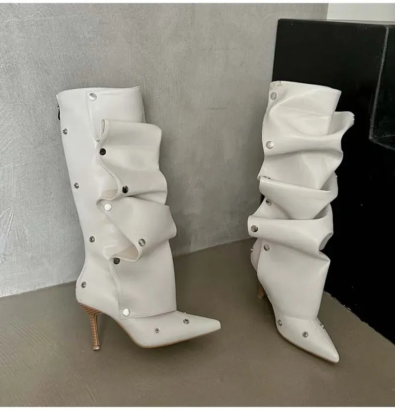 Rivet Button Pleated Knee-High Boots