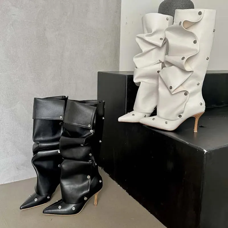 Rivet Button Pleated Knee-High Boots