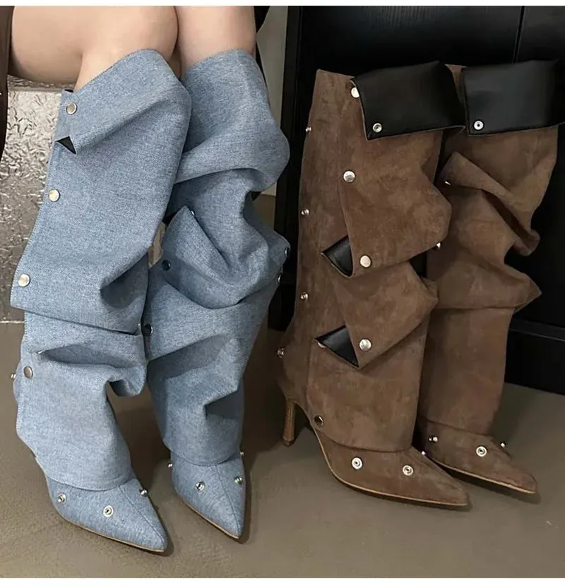 Rivet Button Pleated Knee-High Boots