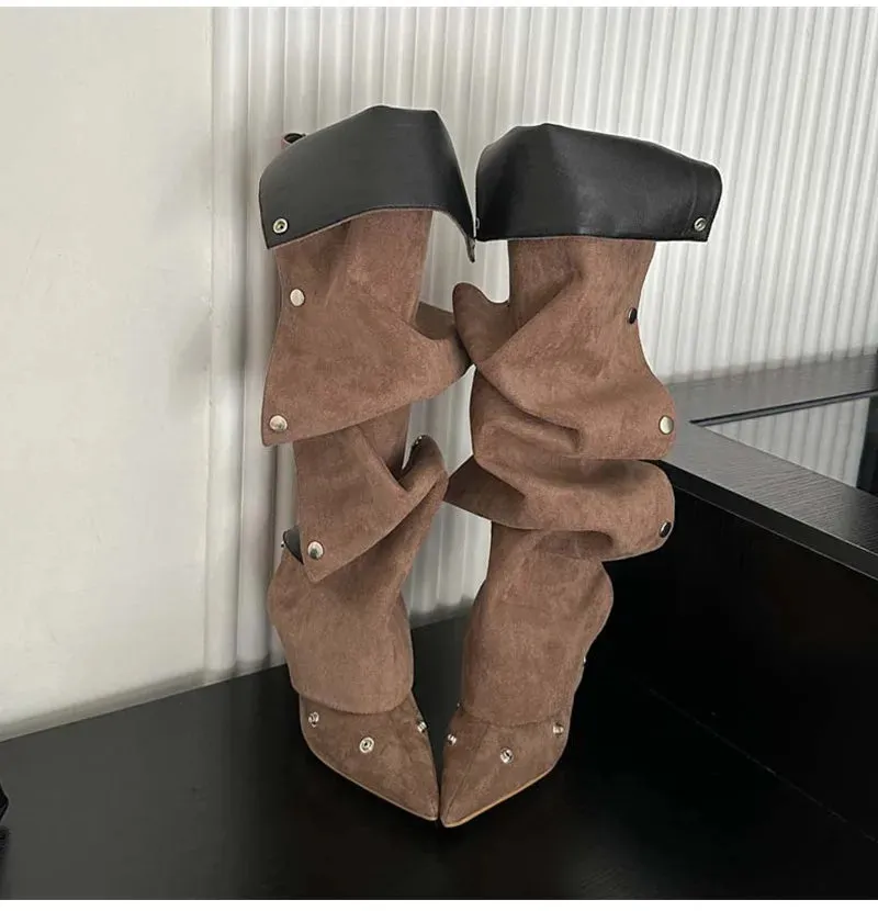 Rivet Button Pleated Knee-High Boots