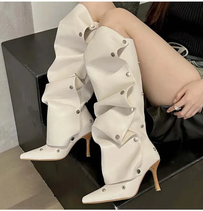 Rivet Button Pleated Knee-High Boots