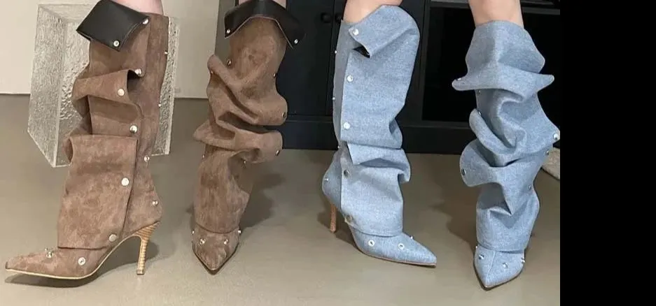 Rivet Button Pleated Knee-High Boots