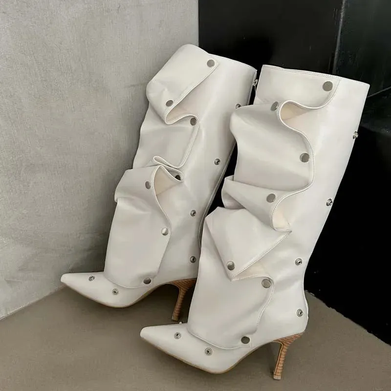 Rivet Button Pleated Knee-High Boots