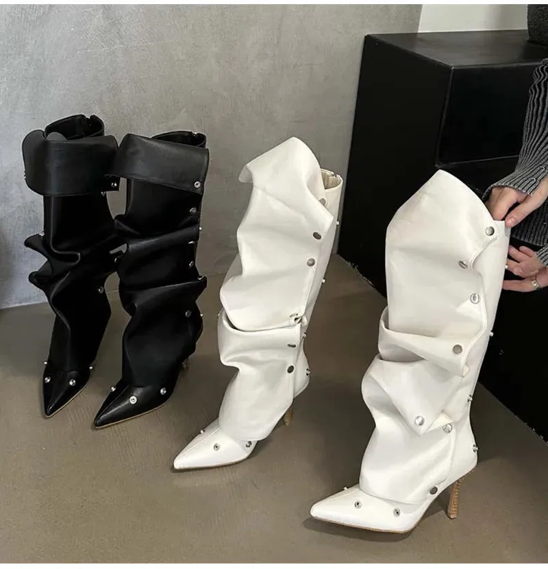 Rivet Button Pleated Knee-High Boots