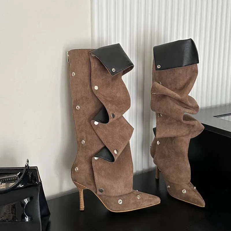 Rivet Button Pleated Knee-High Boots