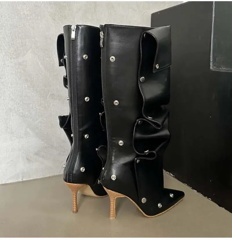 Rivet Button Pleated Knee-High Boots