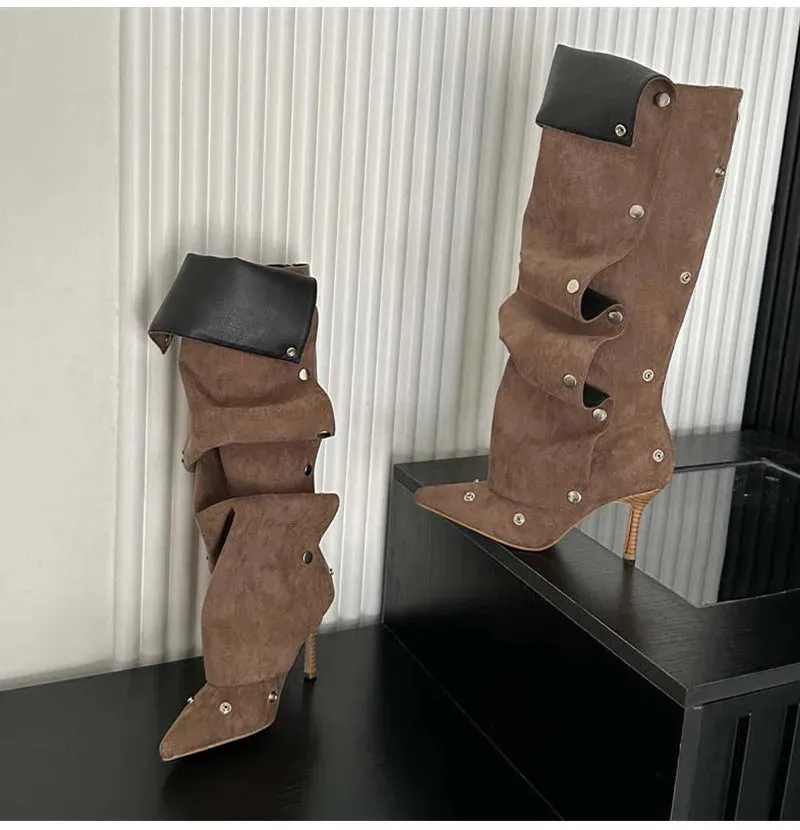 Rivet Button Pleated Knee-High Boots