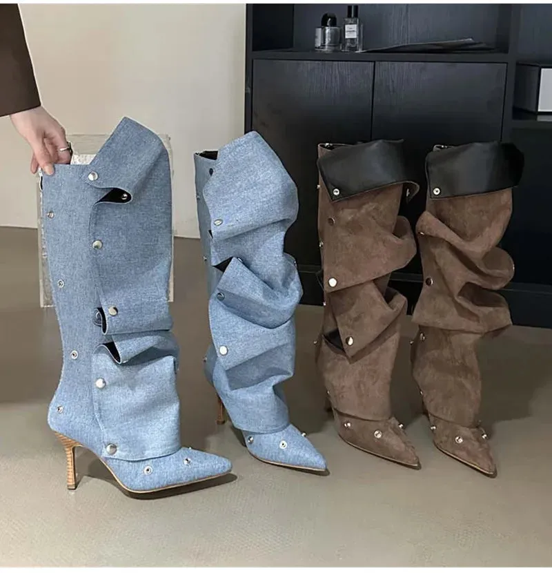 Rivet Button Pleated Knee-High Boots