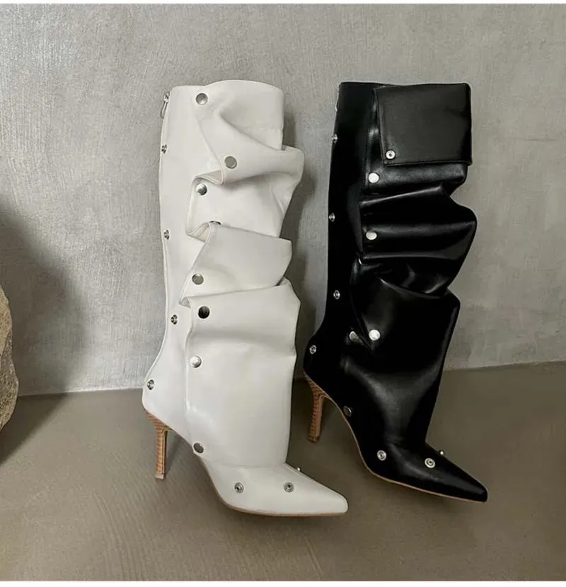 Rivet Button Pleated Knee-High Boots