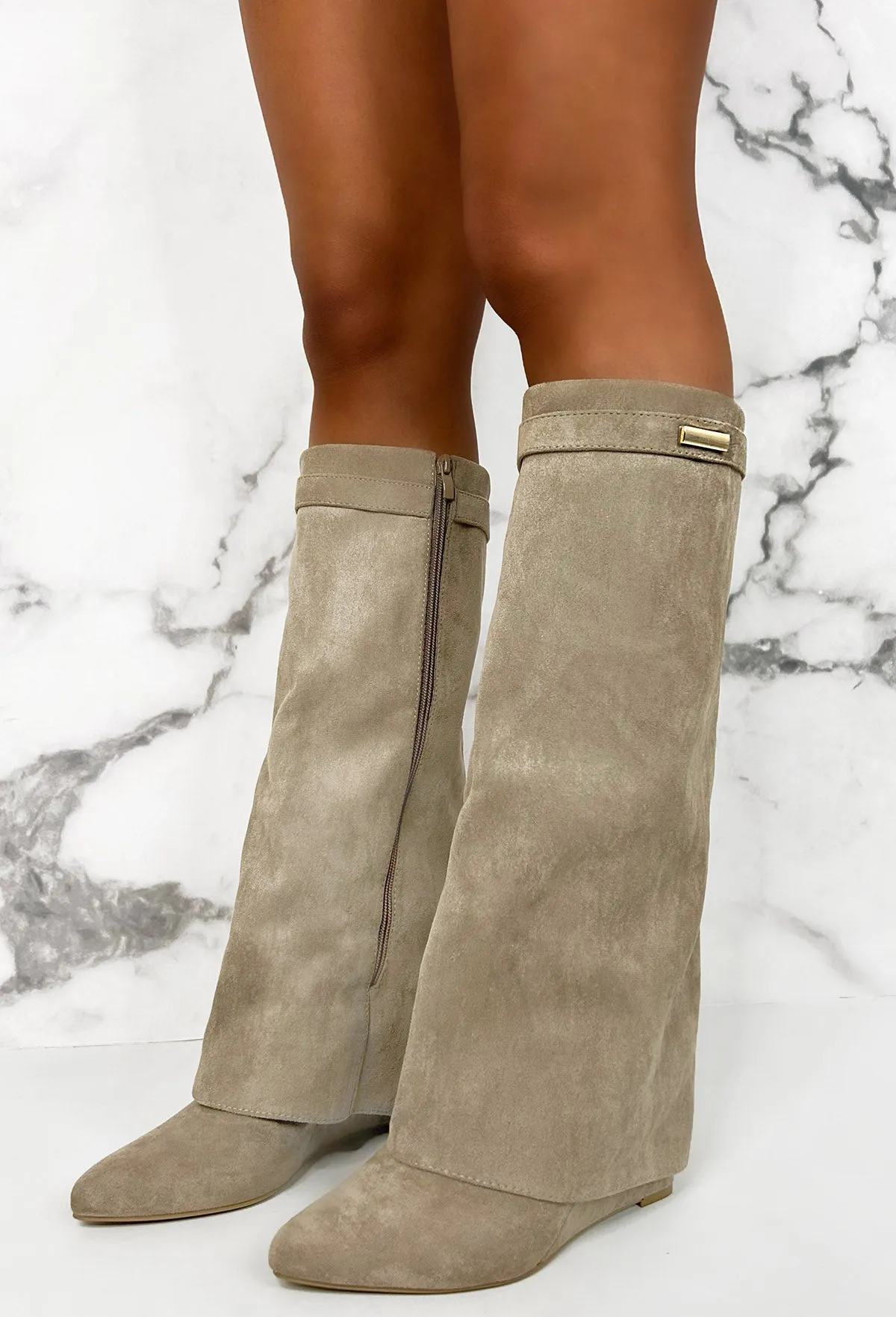 Sending My Best Beige Faux Suede Fold Over Knee High Boots