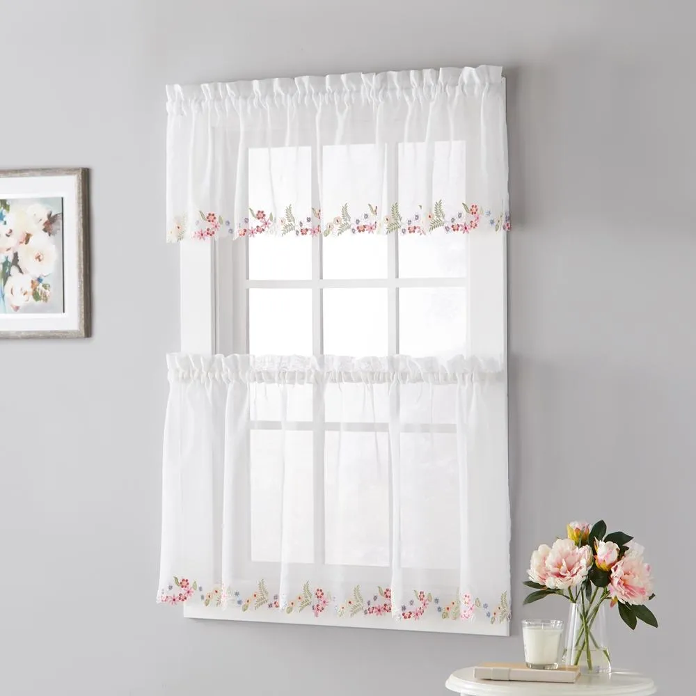 SKL Home Saturday Knight Ltd Sweet Stems Floral Embroidery 36" Tier Pair - 60 x 36, White