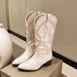 Sohiwoo Women's Embroidered Western Mid Calf Boots Cowboy Square Heels Boots Pointed Toe Platform Boots Women Western Shoes Plus Size42