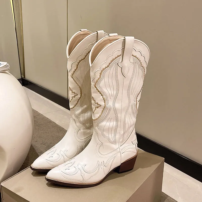 Sohiwoo Women's Embroidered Western Mid Calf Boots Cowboy Square Heels Boots Pointed Toe Platform Boots Women Western Shoes Plus Size42